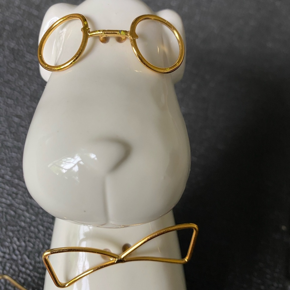 White Ceramic Dog With Gold Wire Rim Glasses Bow Tie & Tail New No Box 7.5" Tall